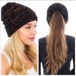 Black Confetti Messy bun beanie hat